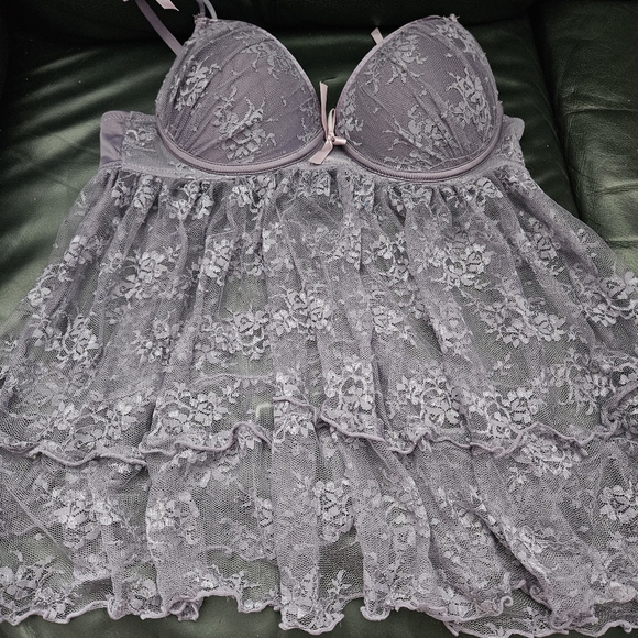 La Vie en Rose Elegant Lace Babydoll Lingerie in Purple LavenderPadded Hook Sz L - Picture 13 of 13